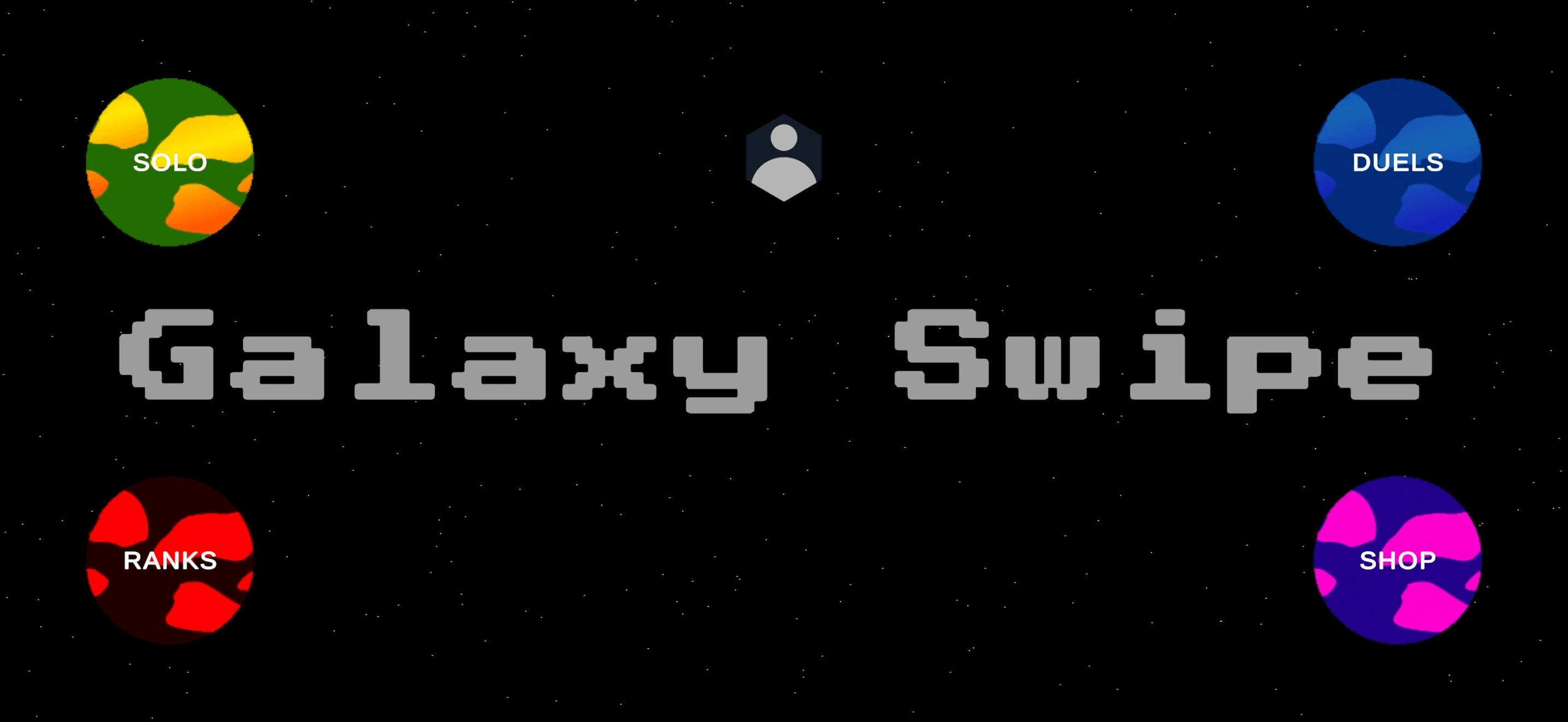 Galaxy Swipe main menu with Solo, Duels, Ranks and Shop options