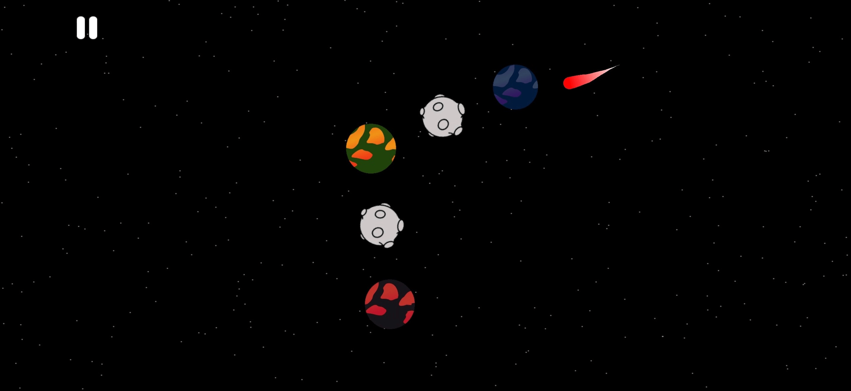 Galaxy Swipe gameplay with a red swipe trail passing planets and asteroids